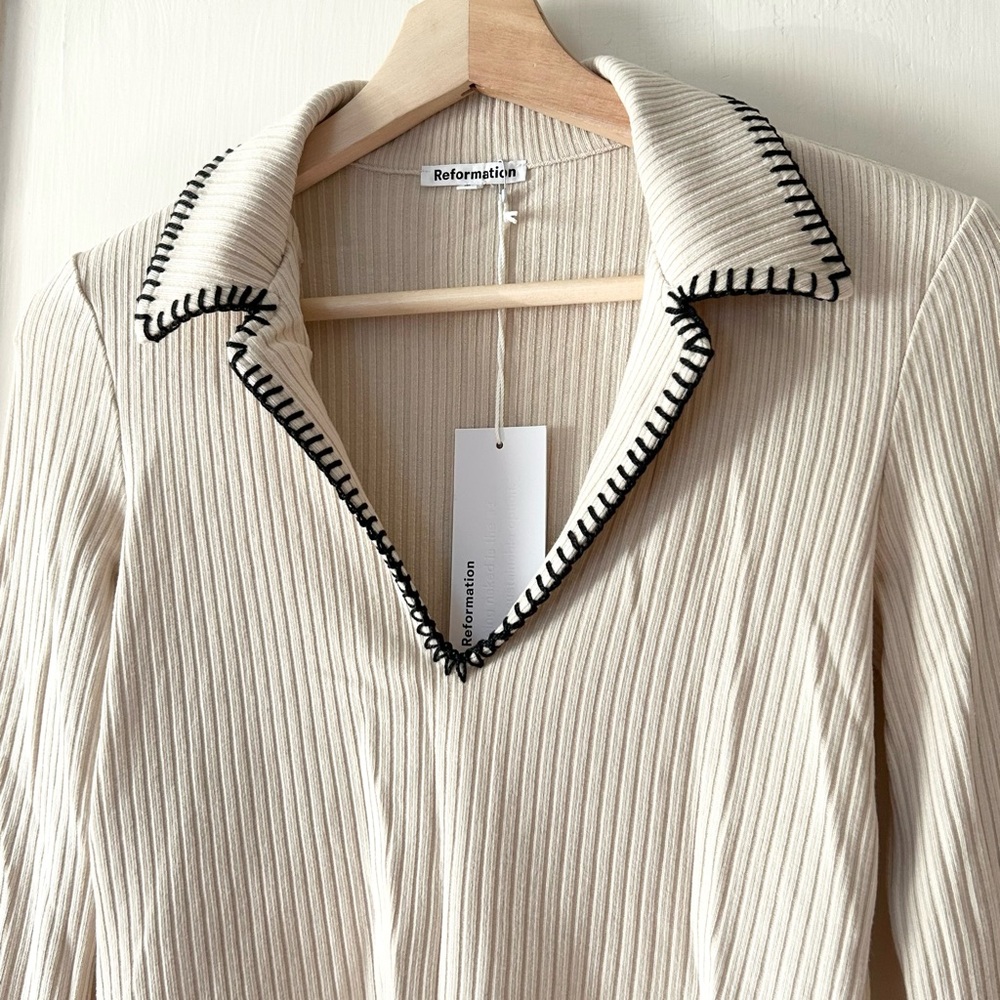 NWT Reformation Nolen Knit Collared Stitch Detail Top Bone XS Academia Casual - Picture 6 of 9